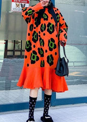 Knitted o neck Ruffles Sweater outfits plus size orange print knitted dress AT-NSD191231