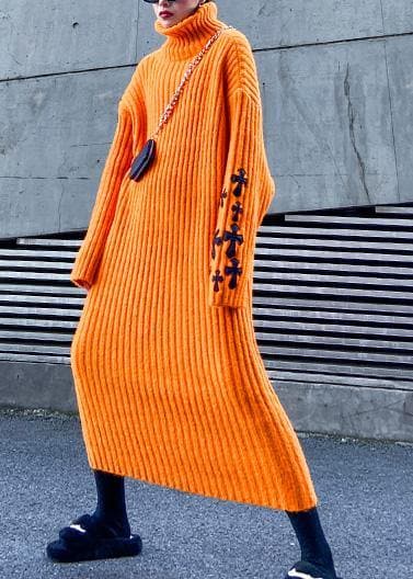 Knitted orange Sweater weather Street Style Appliques Tejidos high neck sweater dresses AT-NSD191211