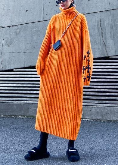 Knitted orange Sweater weather Street Style Appliques Tejidos high neck sweater dresses AT-NSD191211