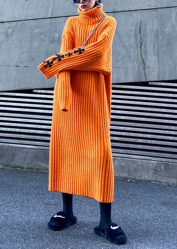 Knitted orange Sweater weather Street Style Appliques Tejidos high neck sweater dresses AT-NSD191211