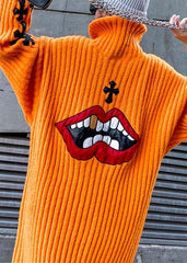 Knitted orange Sweater weather Street Style Appliques Tejidos high neck sweater dresses AT-NSD191211