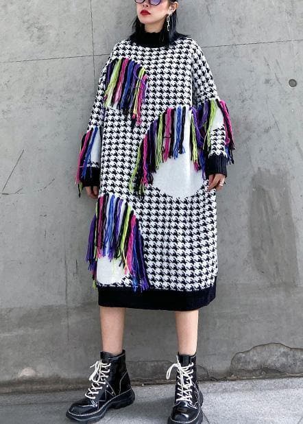 Knitted plaid Sweater dresses Design tassel oversized high neck sweater dresses AT-NSD191203