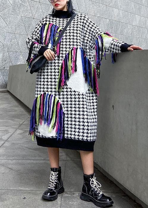 Knitted plaid Sweater dresses Design tassel oversized high neck sweater dresses AT-NSD191203