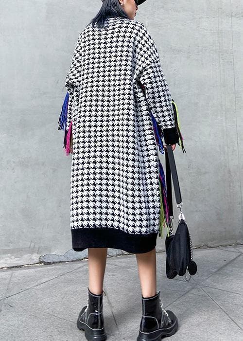 Knitted plaid Sweater dresses Design tassel oversized high neck sweater dresses AT-NSD191203