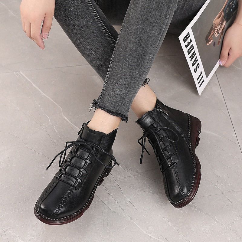 Leather Ankle Boots Handmade Flat Comfortable Women's Casual Shoes GCSZXC55 Touchy Style