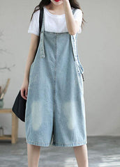 Light Blue Retro Loose Pockets Summer Denim Jumpsuit Shorts dylinoshop