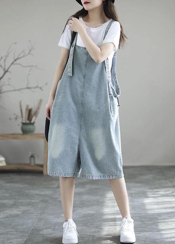 Light Blue Retro Loose Pockets Summer Denim Jumpsuit Shorts dylinoshop