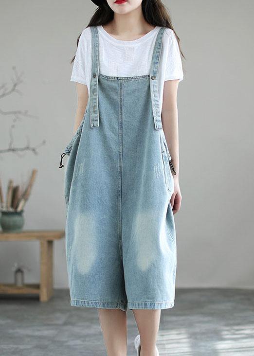 Light Blue Retro Loose Pockets Summer Denim Jumpsuit Shorts dylinoshop