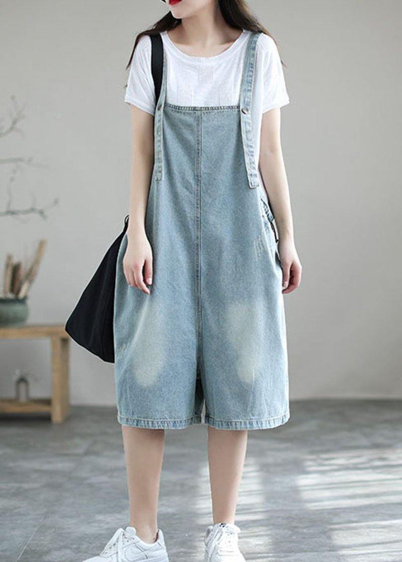 Light Blue Retro Loose Pockets Summer Denim Jumpsuit Shorts dylinoshop