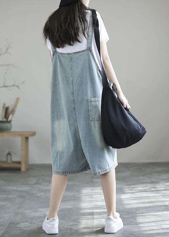 Light Blue Retro Loose Pockets Summer Denim Jumpsuit Shorts GK-JPTS210721