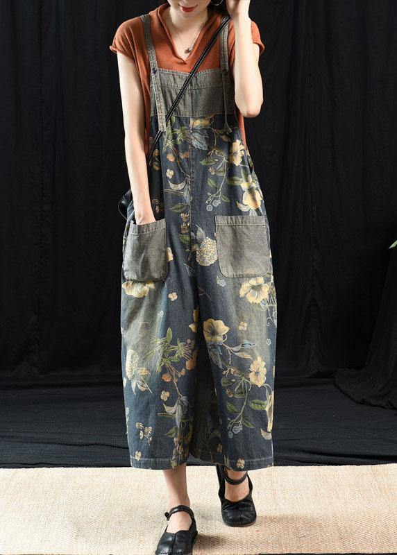 Light Blue Retro Loose Print Summer Pockets Denim Jumpsuit dylinoshop