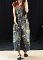 Light Blue Retro Loose Print Summer Pockets Denim Jumpsuit GK-JPTS210715