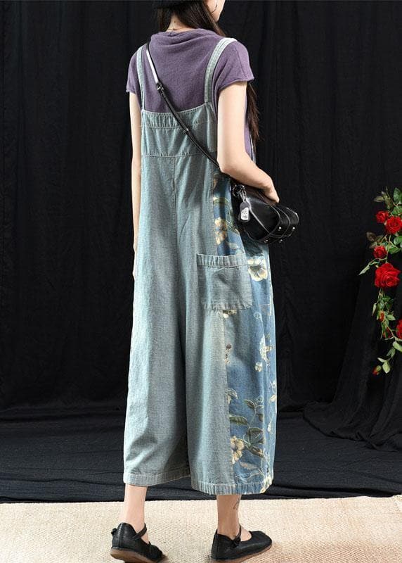 Light Blue Retro Loose Print Summer Pockets Denim Jumpsuit GK-JPTS210715