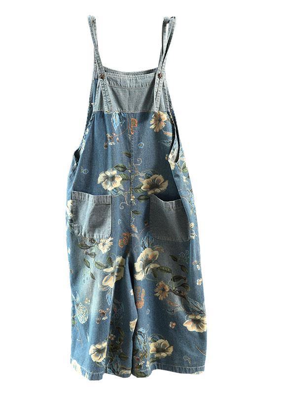 Light Blue Retro Loose Print Summer Pockets Denim Jumpsuit dylinoshop