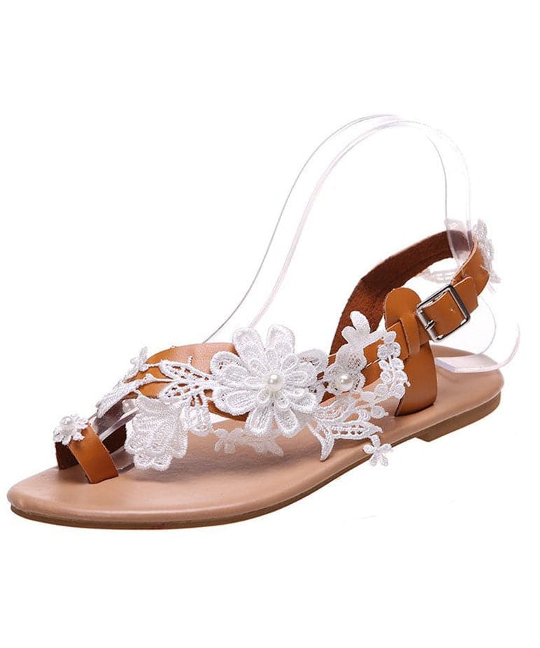 Light Brown Flat Sandals Lace Fabric Fine Peep Toe Walking Sandals Boho-LX220531