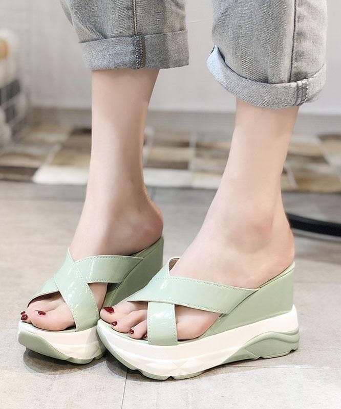 Light Green Faux Leather Wedge Thong Sandals LT210723