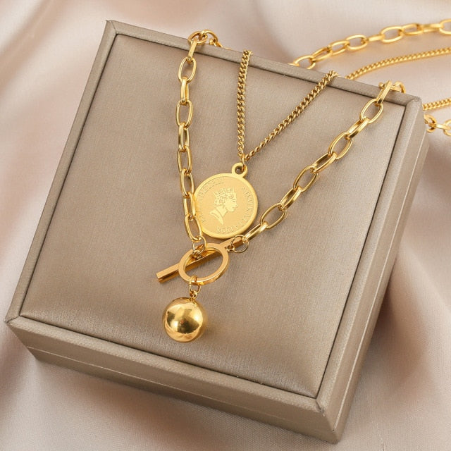 Long Necklaces Charm Jewelry Double Layers Coin Cross ET517 Touchy Style