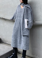 Long woolen dress over the knee thick and loose, bottom with scarf gray knitted dress AT-NSD201217