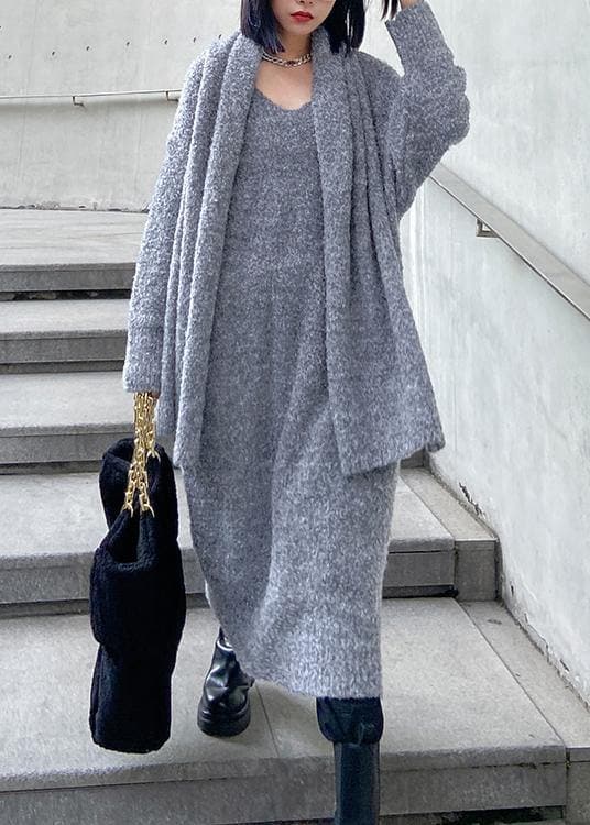 Long woolen dress over the knee thick and loose, bottom with scarf gray knitted dress AT-NSD201217