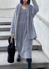 Long woolen dress over the knee thick and loose, bottom with scarf gray knitted dress AT-NSD201217