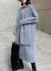 Long woolen dress over the knee thick and loose, bottom with scarf gray knitted dress AT-NSD201217