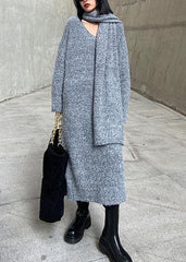 Long woolen dress over the knee thick and loose, bottom with scarf gray knitted dress AT-NSD201217