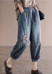 Loose Blue Elastic Waist Pockets Patchwork Applique Cotton Denim Crop Pants Summer NZ-CPTS220627