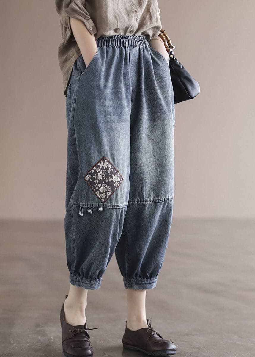 Loose Blue Elastic Waist Pockets Patchwork Applique Cotton Denim Crop Pants Summer NZ-CPTS220627