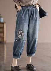 Loose Blue Elastic Waist Pockets Patchwork Applique Cotton Denim Crop Pants Summer NZ-CPTS220627