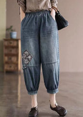 Loose Blue Elastic Waist Pockets Patchwork Applique Cotton Denim Crop Pants Summer NZ-CPTS220627