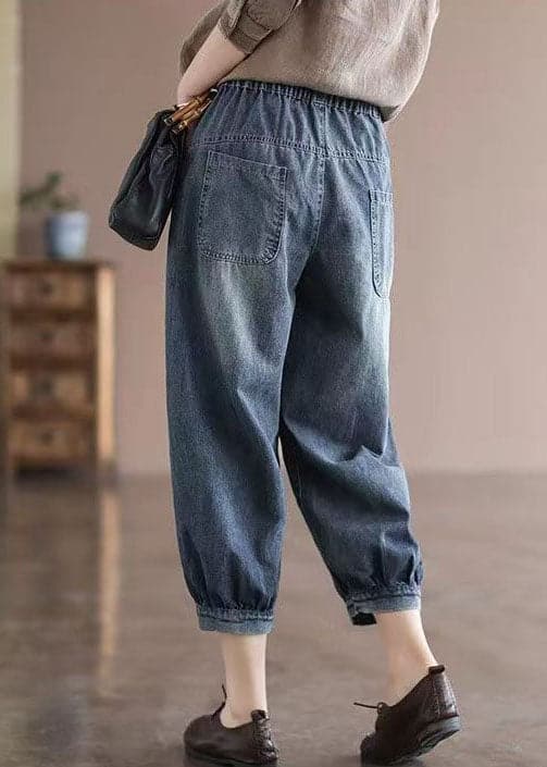 Loose Blue Elastic Waist Pockets Patchwork Applique Cotton Denim Crop Pants Summer NZ-CPTS220627