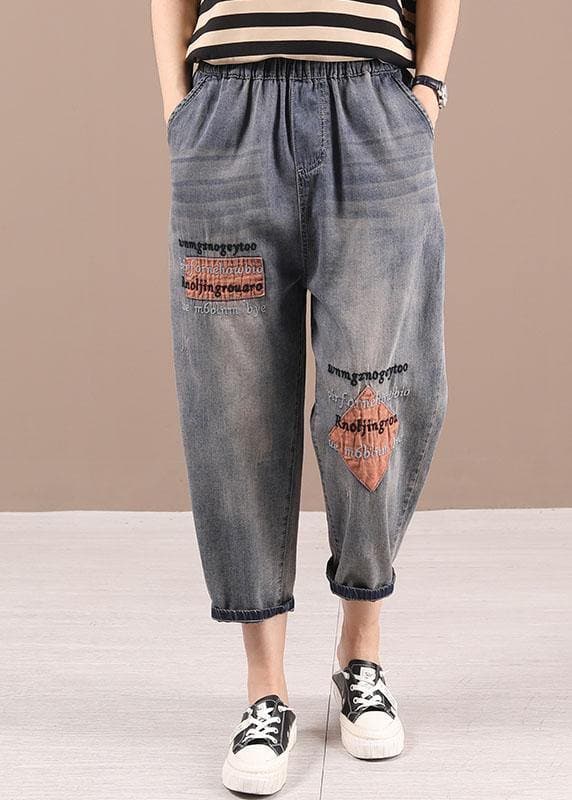 Loose Blue Grey Patchwork Embroideried Pants denim 210722