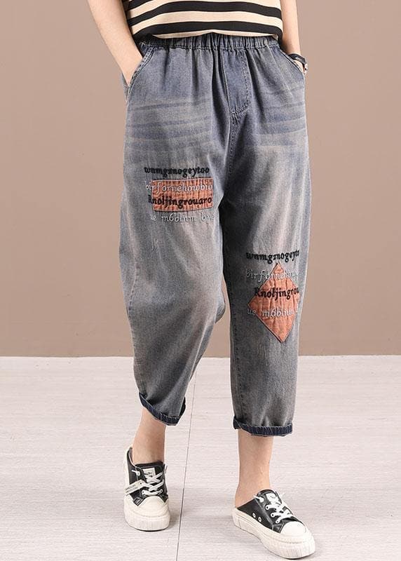 Loose Blue Grey Patchwork Embroideried Pants denim 210722