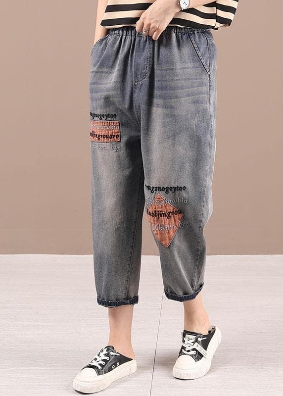 Loose Blue Grey Patchwork Embroideried Pants denim 210722