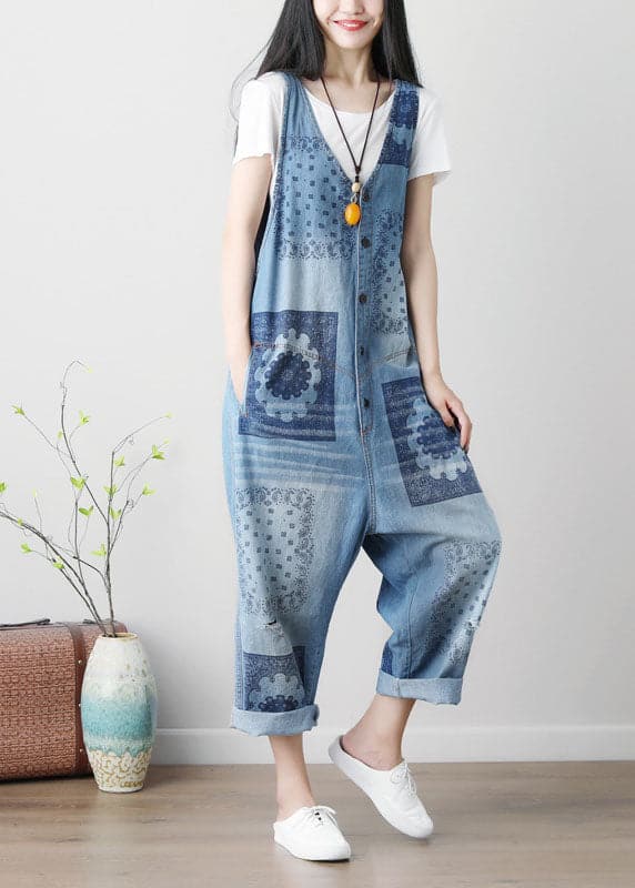 Loose Blue hole V Neck Print Cotton denim Jumpsuits Spring YSBS-JPTS220121