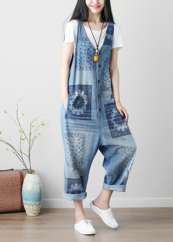 Loose Blue hole V Neck Print Cotton denim Jumpsuits Spring dylinoshop