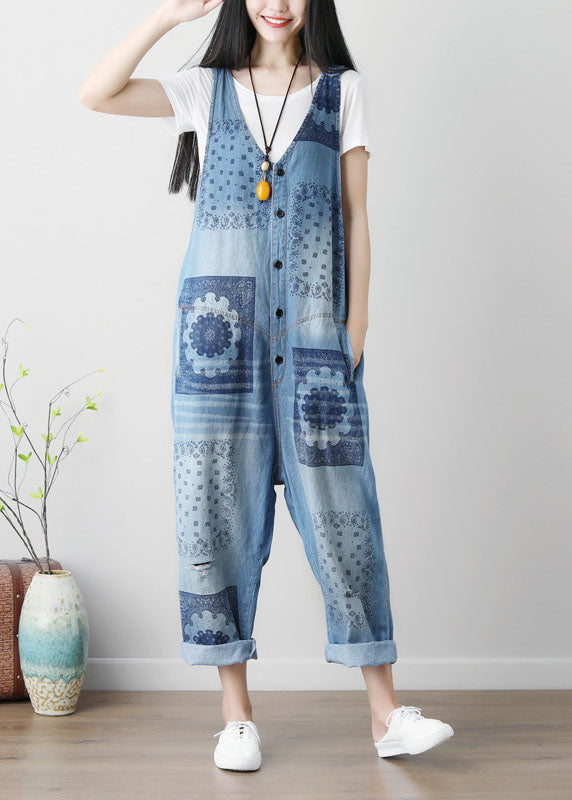 Loose Blue hole V Neck Print Cotton denim Jumpsuits Spring dylinoshop