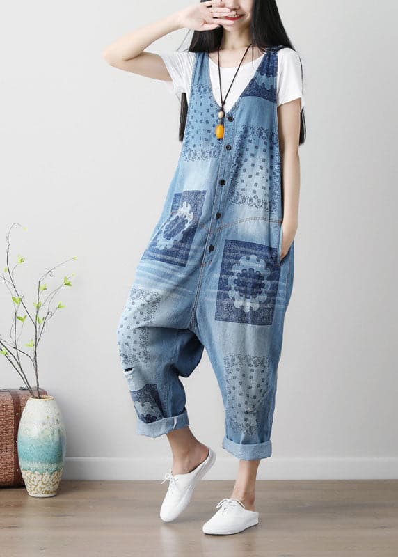 Loose Blue hole V Neck Print Cotton denim Jumpsuits Spring YSBS-JPTS220121