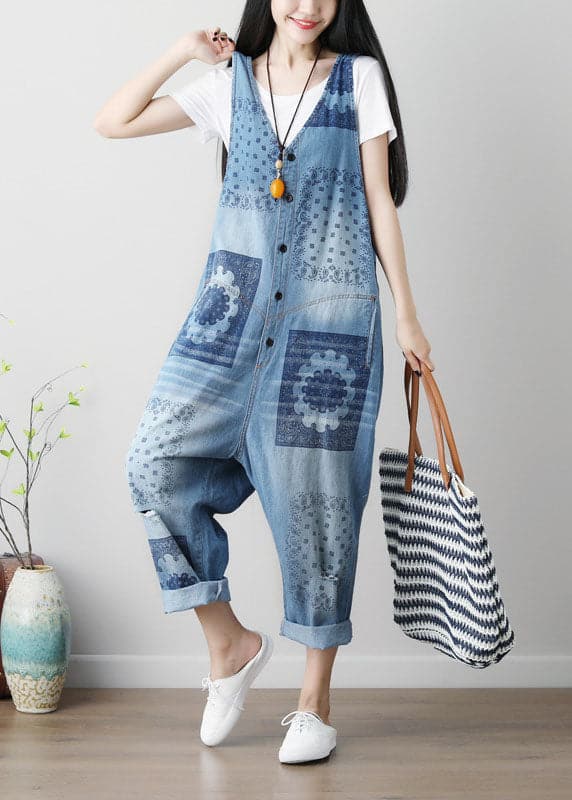 Loose Blue hole V Neck Print Cotton denim Jumpsuits Spring YSBS-JPTS220121