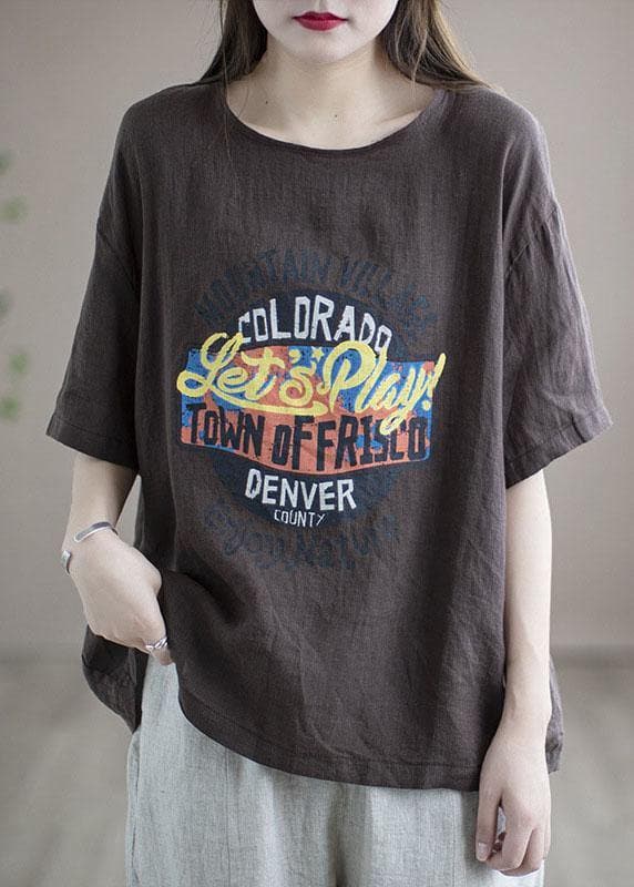 Loose Chocolate O-Neck Graphic Linen T-Shirt Half Sleeve GK-HTP210720