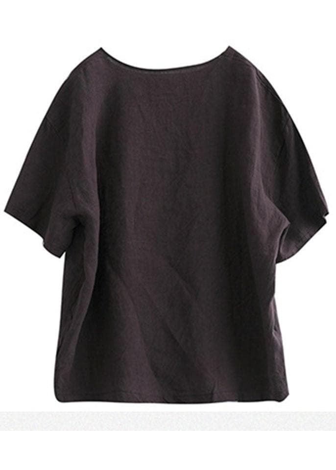 Loose Chocolate O-Neck Graphic Linen T-Shirt Half Sleeve GK-HTP210720