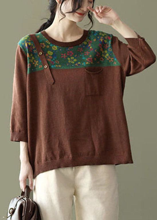 Loose Coffee O-Neck Button Patchwork Print Knit tops Long Sleeve GK-LTP220301