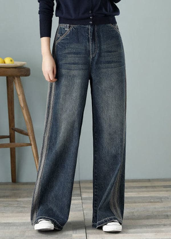 Loose Denim Blue High Waist Pockets Cotton Wide Leg Pants For Women Spring NZ-LPTS22060701