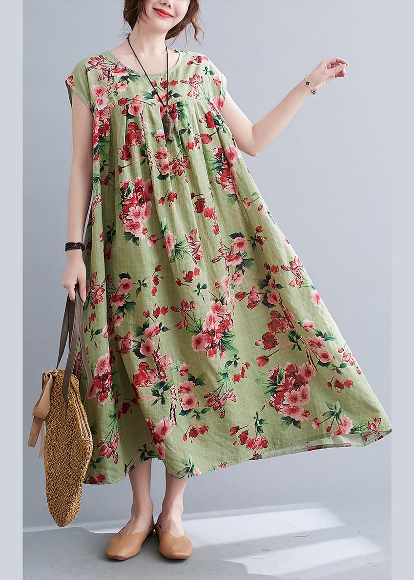 Loose Green Wrinkled Print Cotton Long Dresses Short Sleeve GK-SDL220418