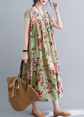 Loose Green Wrinkled Print Cotton Long Dresses Short Sleeve GK-SDL220418