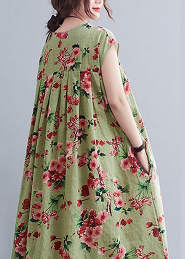 Loose Green Wrinkled Print Cotton Long Dresses Short Sleeve GK-SDL220418