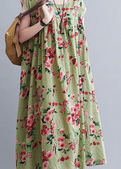 Loose Green Wrinkled Print Cotton Long Dresses Short Sleeve GK-SDL220418