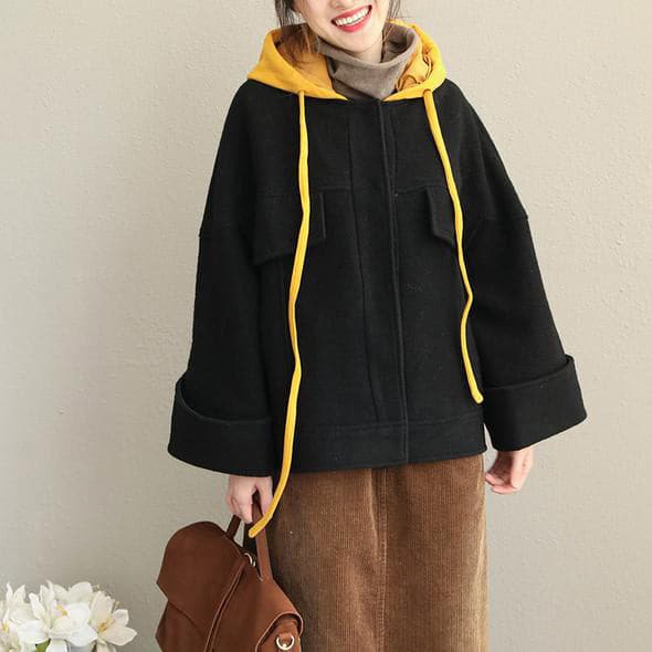 Loose Hoodie Black Fall Winter Short Woolen Coat Women Casual Jackets CTS181127