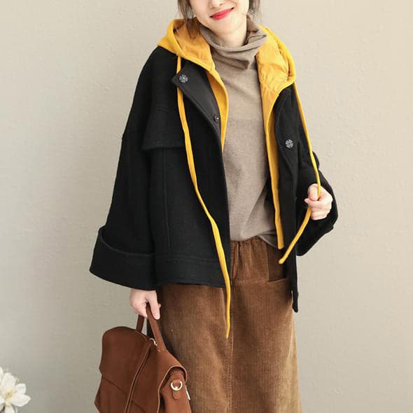 Loose Hoodie Black Fall Winter Short Woolen Coat Women Casual Jackets CTS181127