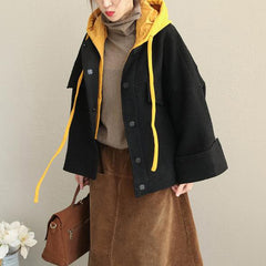 Loose Hoodie Black Fall Winter Short Woolen Coat Women Casual Jackets CTS181127